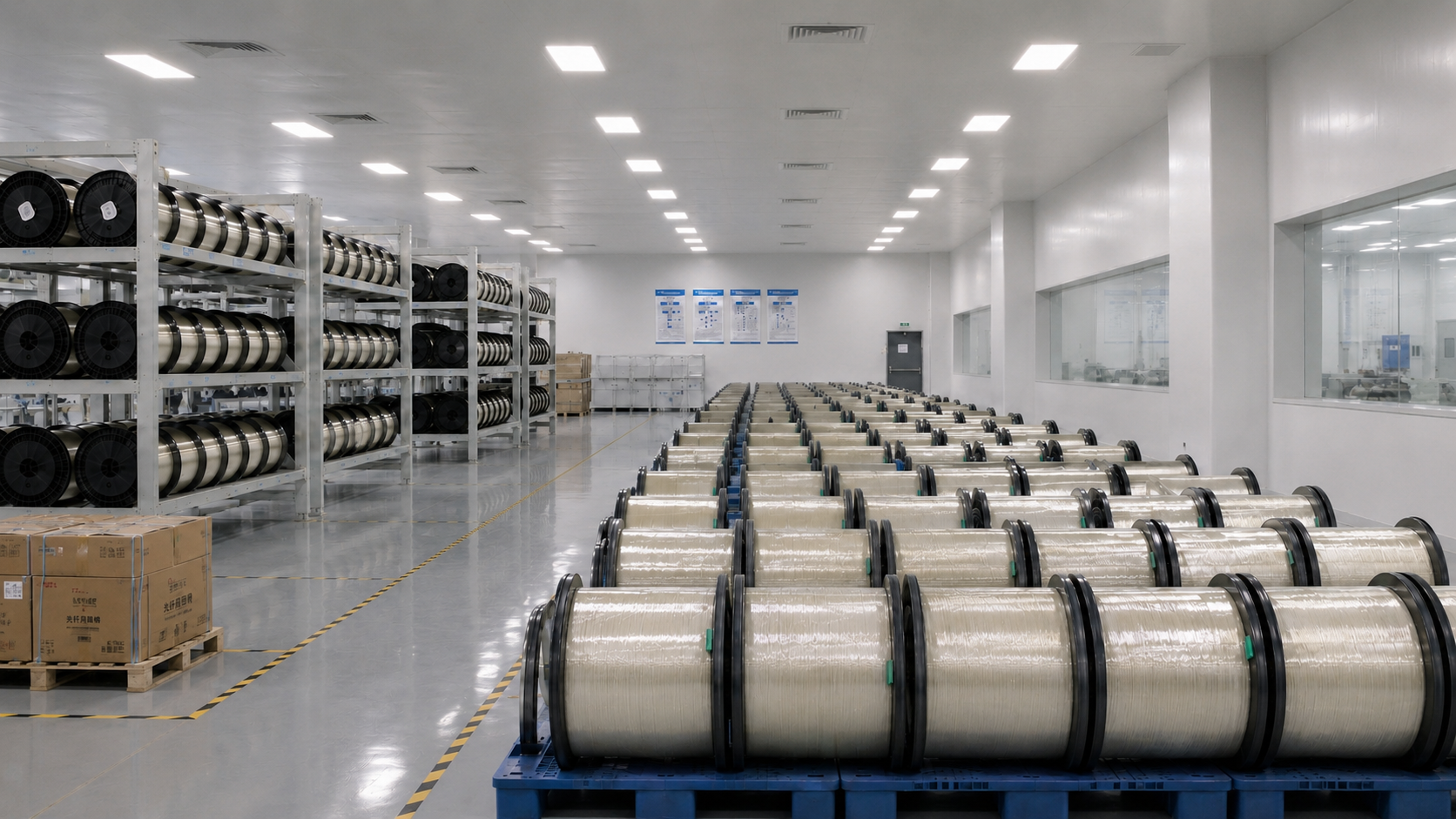 Clean storage room with optical fiber spools